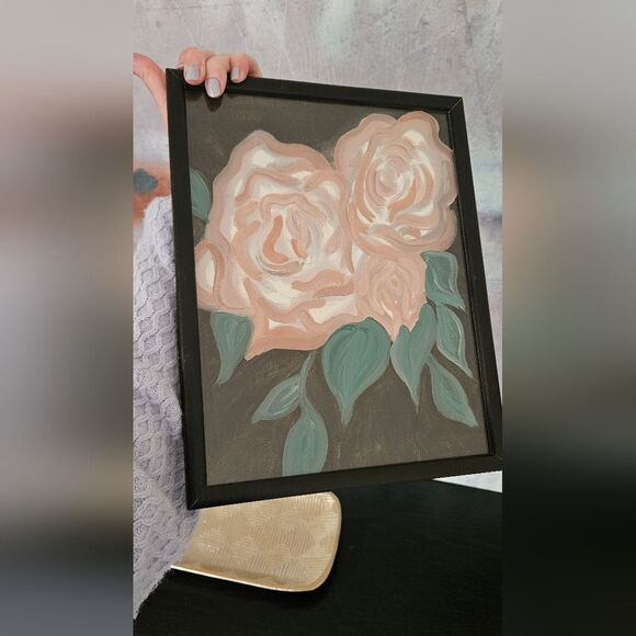Floral Art Hand Painted On Canvas Paper in Black Frame - Picture 2 of 2